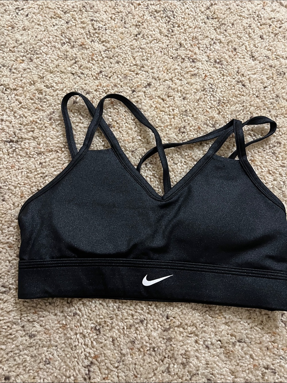 Nike Black Strappy V‑Neck Sports Bra with White Swoosh